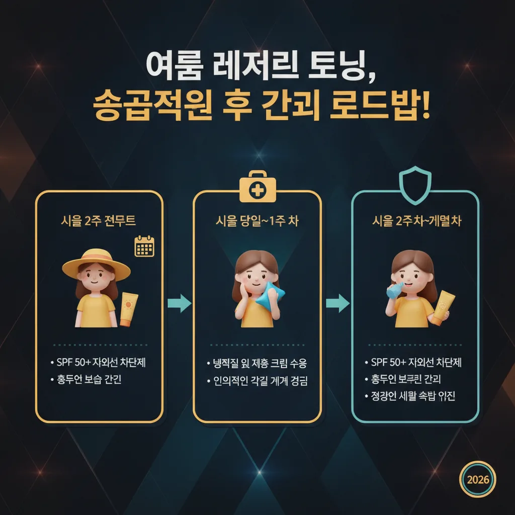 여름철 레이저 토닝 후 성공적인 피부 관리를 위한 단계별 로드맵을 보여주는 강렬한 인포그래픽 포스터. 시술 2주 전부터 1개월 후까지의 핵심 관리 지침(자외선 차단, 보습, 냉찜질 등)이 구체적인 한글 설명과 아이콘으로 정리되어 있다.