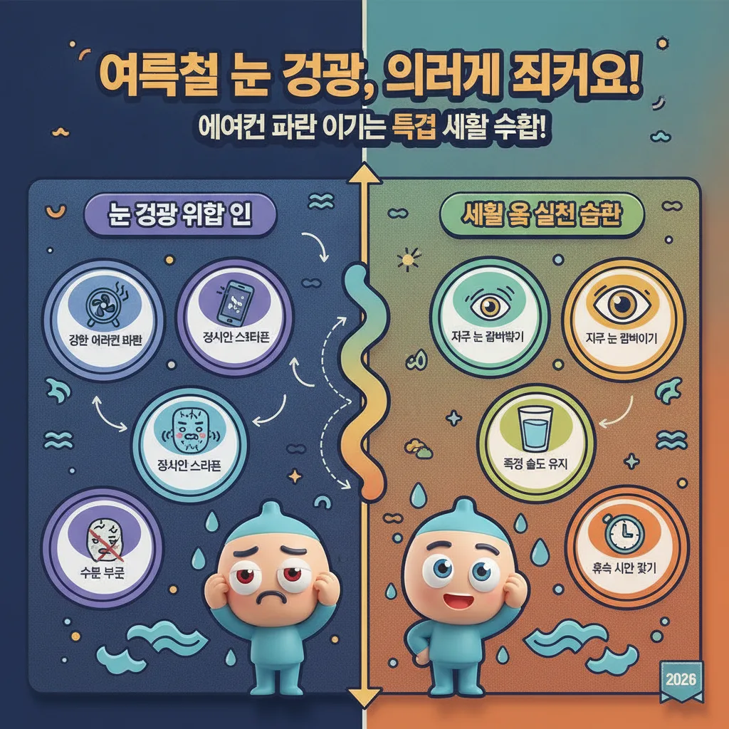 여름철 눈 건강을 위협하는 주요 요인과 이를 극복하기 위한 생활 속 실천 습관을 시각적으로 제시하는 인포그래픽. 에어컨 바람으로부터 눈을 보호하는 효과적인 방법들을 친근한 3D 캐릭터와 함께 설명합니다.