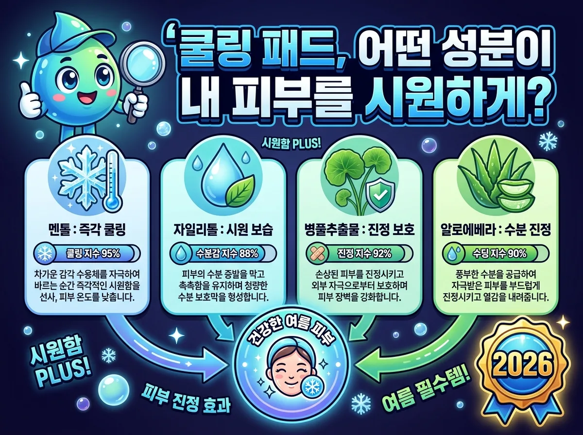 2026년 여름, 쿨링 패드의 주요 성분인 멘톨, 자일리톨, 병풀추출물, 알로에베라가 피부에 선사하는 즉각적인 쿨링 및 진정 효과를 시각적으로 보여주는 인포그래픽. 각 성분의 효능을 아이콘과 함께 설명하며 건강한 여름 피부로 이어지는 과정을 표현했습니다.