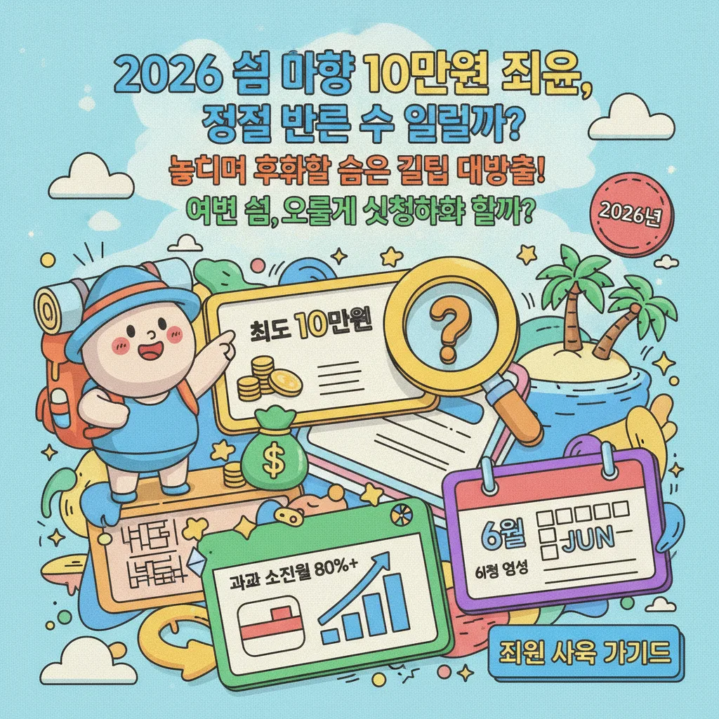2026년 여름 섬 여행 지원금을 받을 수 있을지 궁금증을 자극하는 인포그래픽 포스터. 10만원 지원 여부와 신청 방법을 질문하는 큰 한글 제목과 함께, 최대 10만원, 과거 소진율 80% 이상, 6월 신청 예상 등 핵심 정보가 아이콘과 숫자로 시각화되어 있다. 친근한 여행 마스코트 캐릭터와 '2026년' 배지가 포함된 풍부한 정보성 이미지.