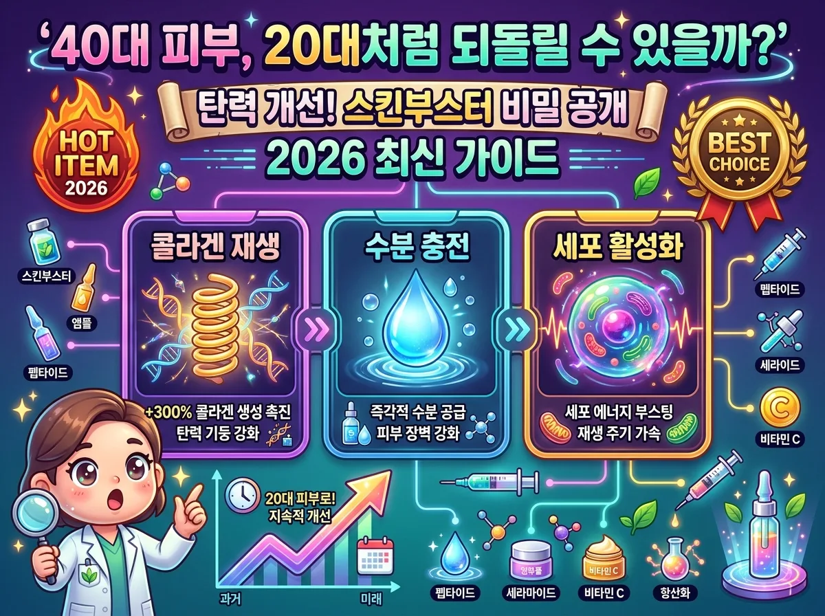 스킨부스터가 40대 피부 속에서 어떤 변화를 일으키는지 시각적으로 설명하는 인포그래픽 포스터. 콜라겐 및 엘라스틴 재생, 수분 및 영양 공급, 피부 장벽 강화라는 세 가지 핵심 효과가 아이콘과 함께 명확하게 제시되어 있으며, 친근한 캐릭터가 피부 개선 과정을 설명하고 '2026' 배지가 포함된 정보성 이미지.