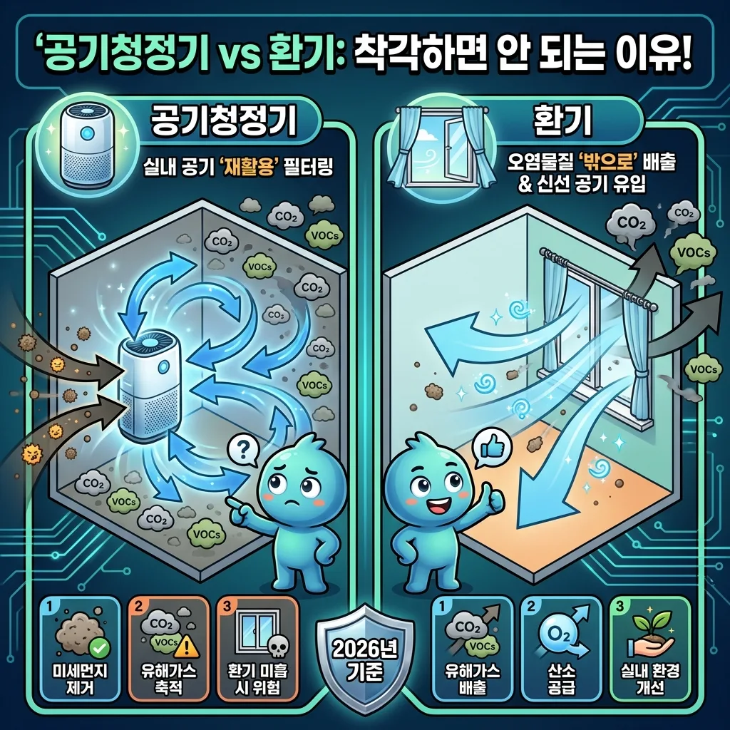 공기청정기와 환기의 근본적인 차이를 설명하는 인포그래픽. 공기청정기가 실내 공기를 필터링하지만 이산화탄소와 휘발성유기화합물은 배출하지 못하며, 환기만이 오염물질을 외부로 내보내고 신선한 공기를 유입시키는 과정을 2026년 기준으로 비교 설명하는 포스터.