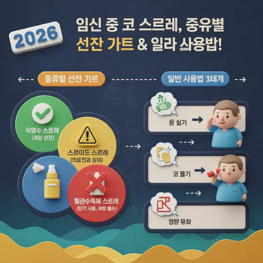 임신 중 코 스프레이의 안전한 사용을 위한 종류별 가이드와 올바른 3단계 사용법을 보여주는 인포그래픽. 식염수, 스테로이드, 혈관수축제 스프레이의 주의점을 비교하고 사용 절차를 설명하는 이미지.