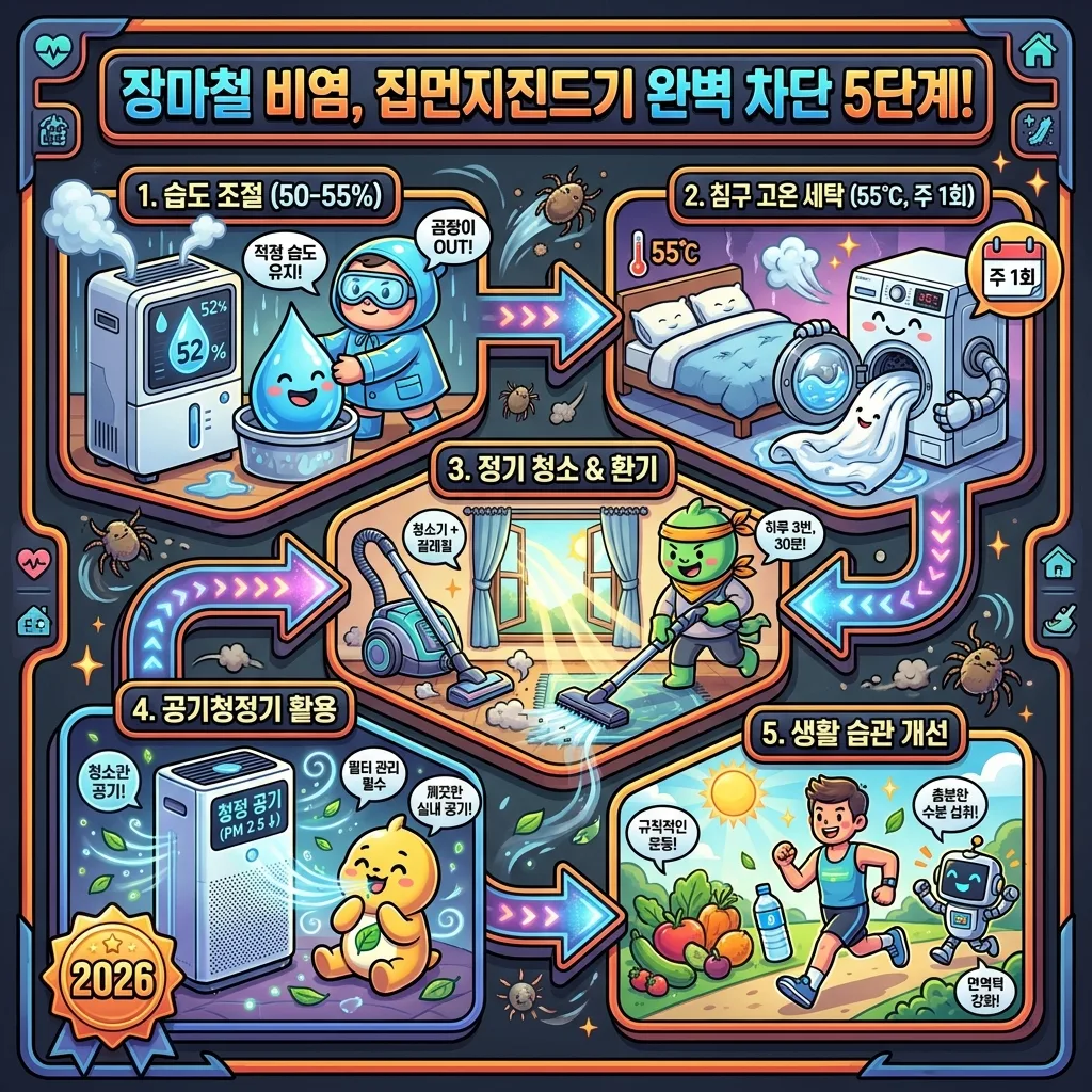 장마철 집먼지진드기 비염을 완벽하게 차단하기 위한 5단계 관리 전략을 시각화한 인포그래픽. 습도 조절, 침구 세탁, 청소, 환기, 생활 습관 개선 등 각 단계를 아이콘과 구체적인 수치로 설명합니다.