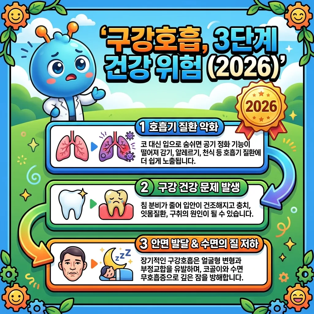 구강호흡이 건강에 미치는 3단계의 부정적인 영향을 시각화한 인포그래픽 포스터. 호흡기 질환 악화, 구강 건강 문제, 안면 발달 및 수면의 질 저하를 각 단계별로 설명하고 있습니다.