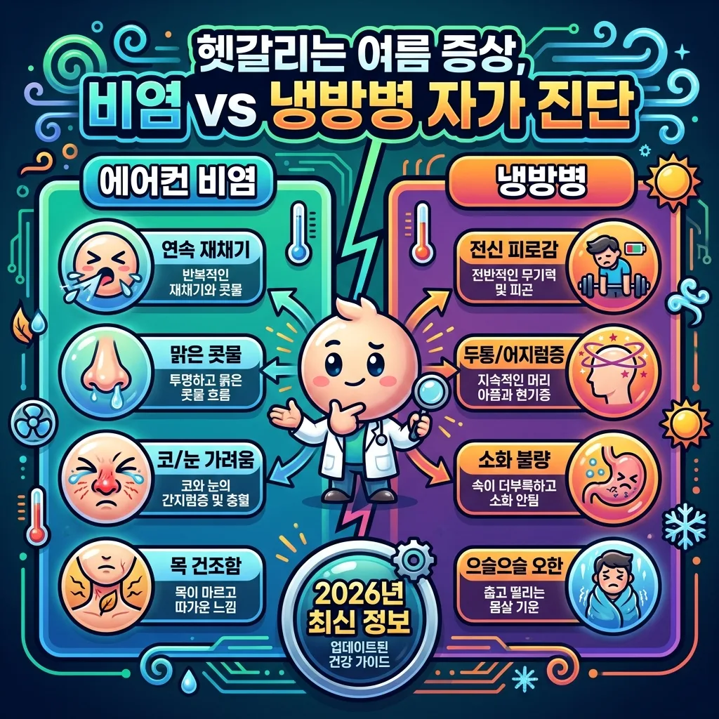 2026년 여름철 에어컨 비염과 냉방병 증상을 스스로 진단할 수 있도록 비교하는 인포그래픽. 재채기, 콧물, 가려움 등의 비염 증상과 전신 피로, 두통, 소화 불량 등의 냉방병 증상을 아이콘과 함께 명확하게 구분하여 보여준다.
