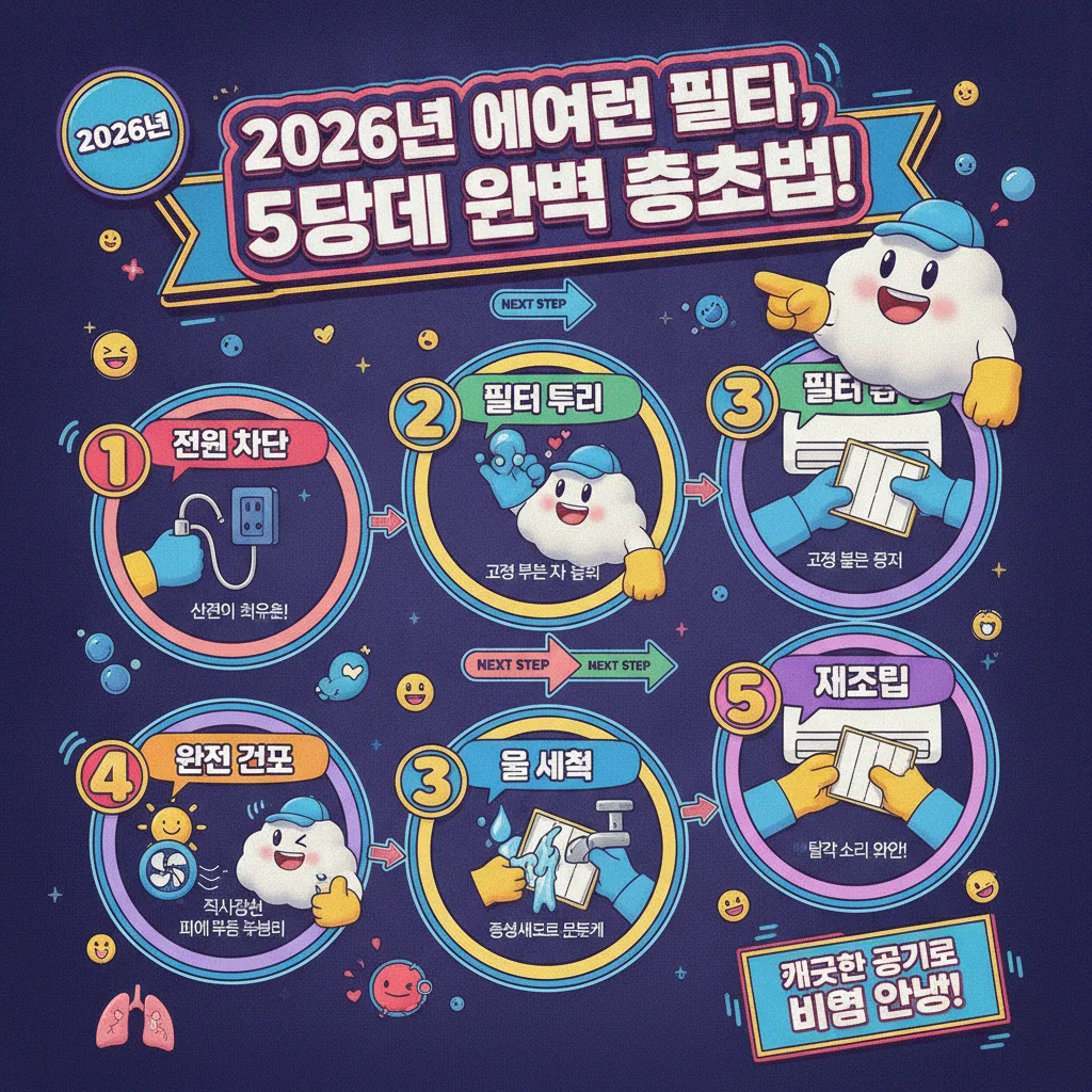 2026년 에어컨 필터를 안전하고 효과적으로 청소하는 5가지 단계를 친근한 캐릭터가 시범을 보이는 듯한 흐름도로 보여주는 정보성 인포그래픽 포스터.