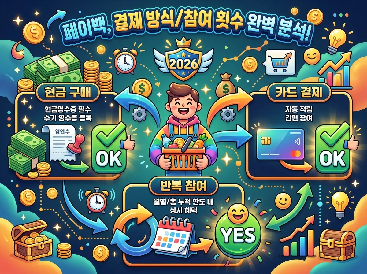 2026년 서울 전통시장 가계보탬 페이백 행사의 참여 방법을 신청부터 수령까지 단계별로 안내하는 인포그래픽. 참여 시장 방문, 구매, 영수증 등록 후 페이백 수령까지의 과정과 최대 3만원 한도를 친근한 캐릭터와 아이콘으로 설명합니다.