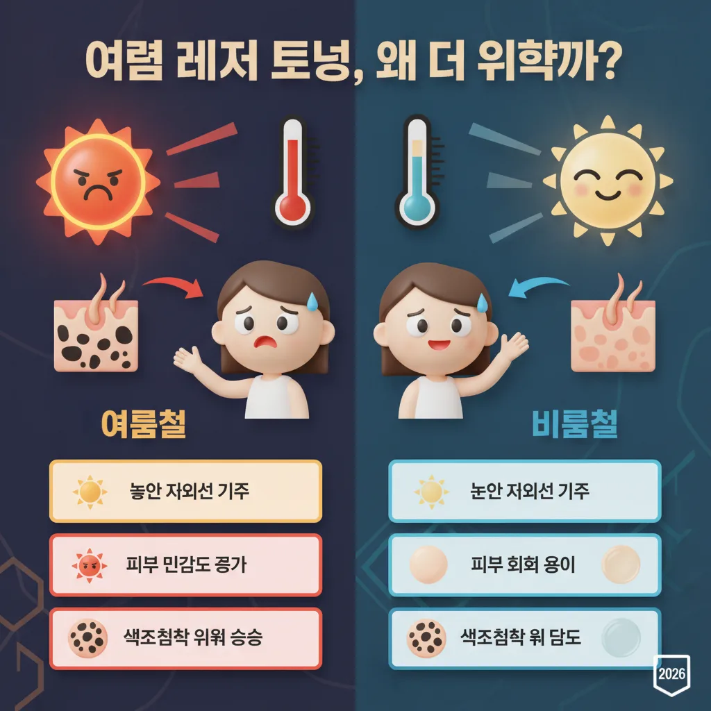 여름철 레이저 토닝이 다른 계절보다 더 위험한 이유를 시각적으로 비교하는 강렬한 인포그래픽 포스터. 강렬한 햇빛과 높은 자외선 지수, 피부 민감도 증가, 색소침착 위험 상승 등 여름철 주의사항이 아이콘과 함께 명확히 제시되어 있다.