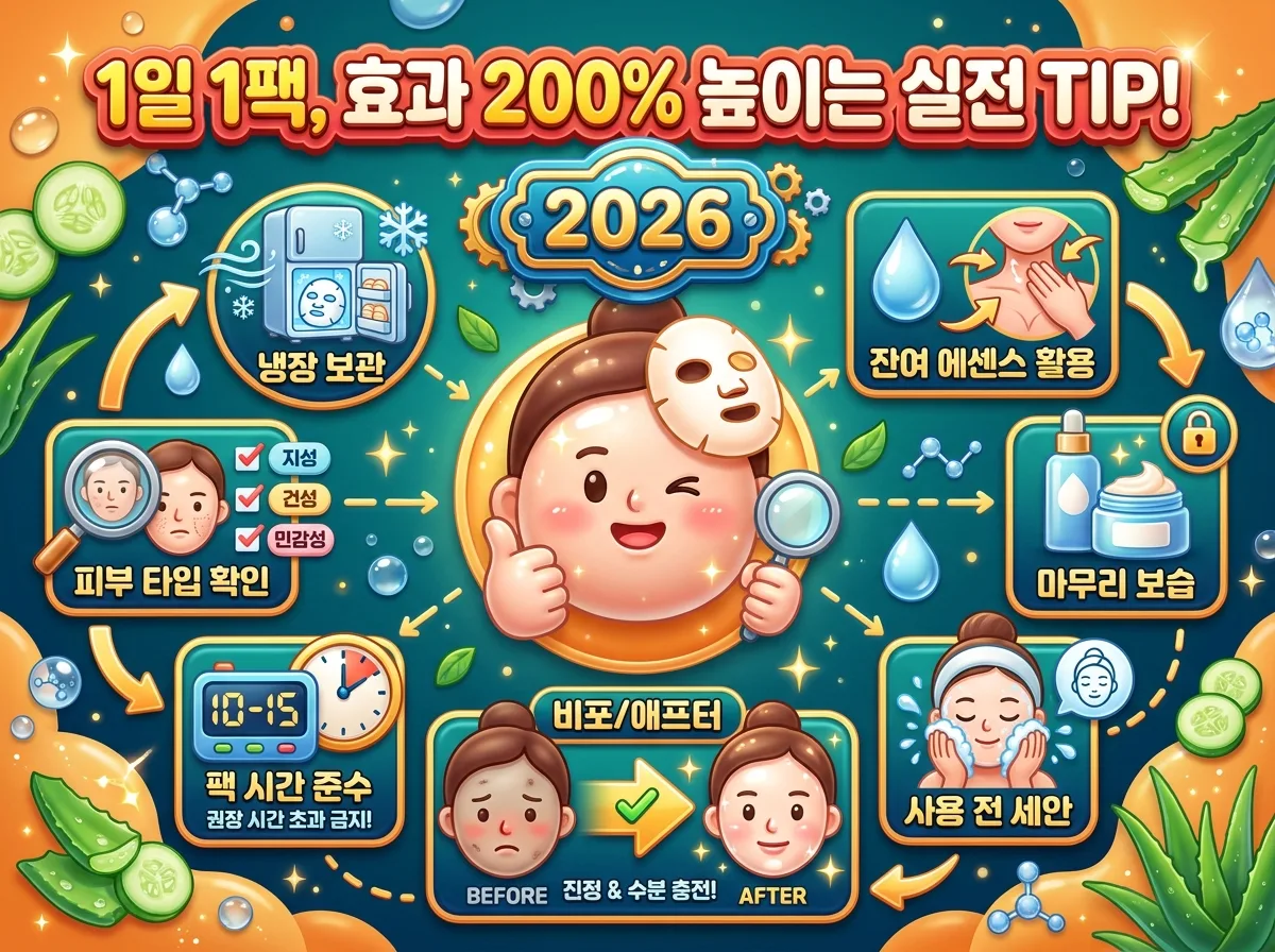 여름철 1일 1팩 사용 시 진정 효과를 최대로 끌어올리는 실용적인 체크리스트를 인포그래픽으로 보여주며, 냉장 보관, 피부 타입 확인, 마무리 보습 등 핵심 팁을 친근한 캐릭터와 아이콘으로 설명합니다.