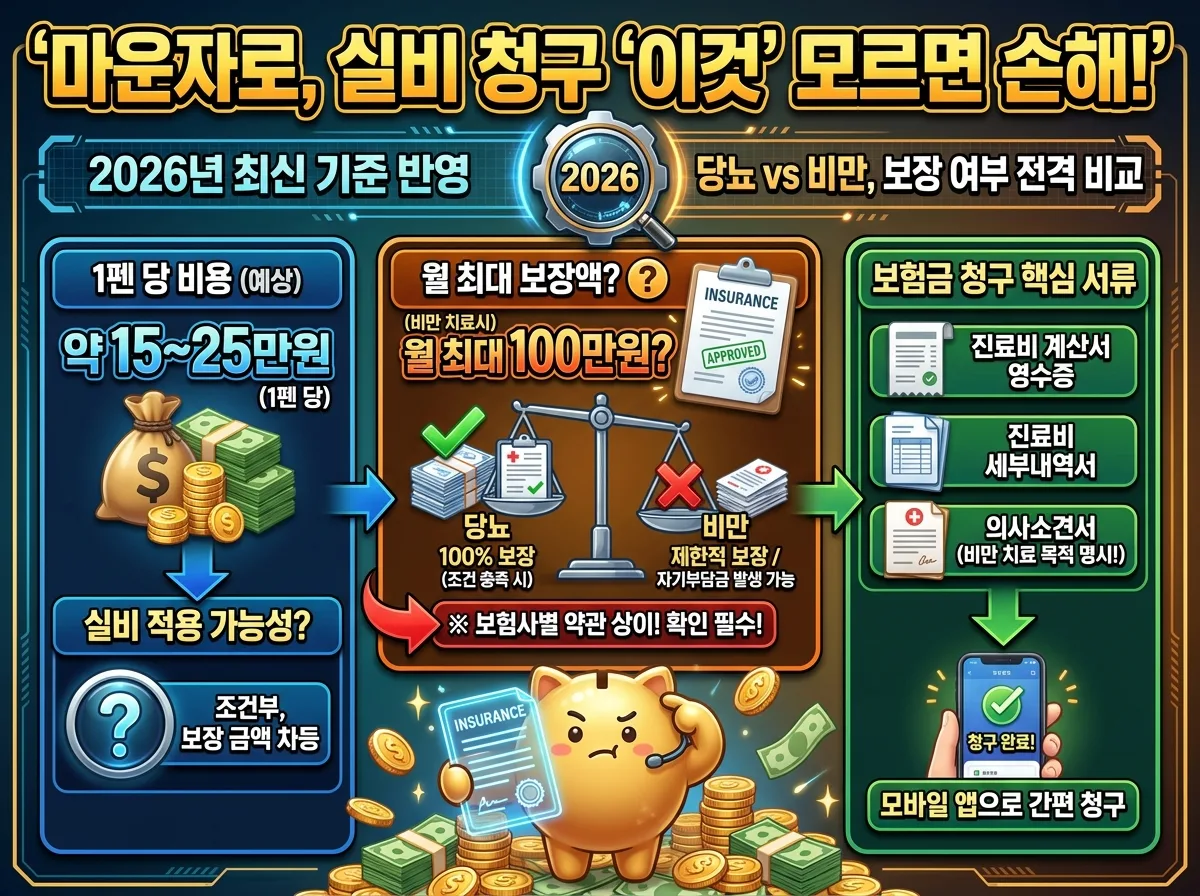 2026년 마운자로 실비보험 청구의 복잡한 진실을 파헤치는 강렬한 인포그래픽 포스터. '마운자로, 실비 청구 '이것' 모르면 손해!'라는 큰 헤더와 함께 당뇨 및 비만 치료 목적의 보장 여부를 비교하고, 예상 비용과 준비 방법을 담은 정보 카드들이 가득합니다. 2026년 최신 기준이 강조되며, 친근한 캐릭터와 돈, 보험 관련 아이콘들이 시각적으로 정보를 전달합니다.