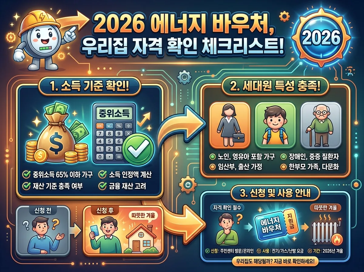 2026년 에너지 바우처의 하절기 및 동절기 사용 기간과 최종 기한, 그리고 잔액 이월 불가 규칙을 설명하는 인포그래픽.