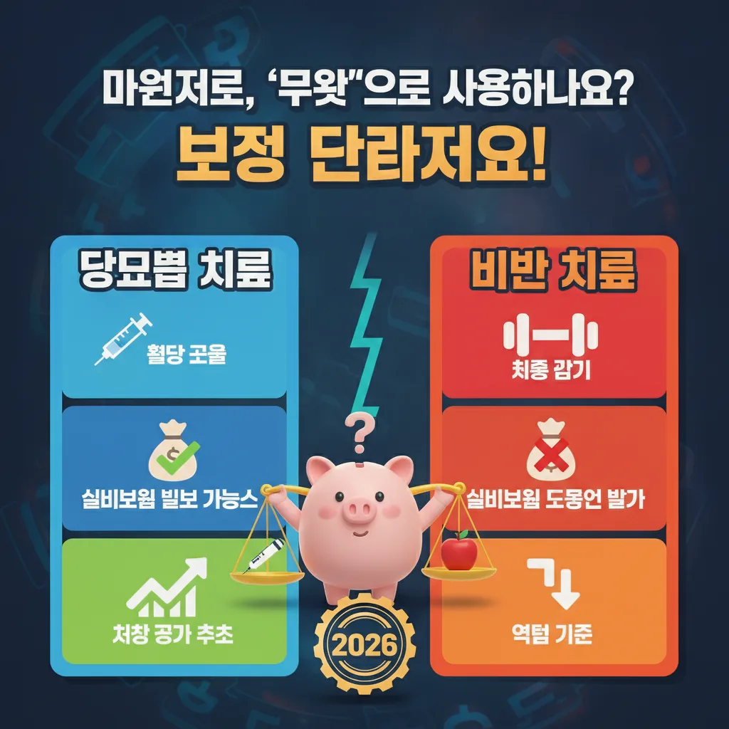 2026년 마운자로의 사용 목적(당뇨 치료 vs 비만 치료)에 따른 실비보험 보장 여부 차이를 명확하게 보여주는 인포그래픽 포스터. '마운자로, '무엇'으로 사용하나요? 보장이 달라져요!'라는 헤더 아래 두 가지 사용 목적별 보험 적용 가능성을 각각 '실비보험 일부 가능성'과 '실비보험 대부분 불가'로 설명하며, 관련 아이콘과 캐릭터가 시각적으로 정보를 전달합니다.