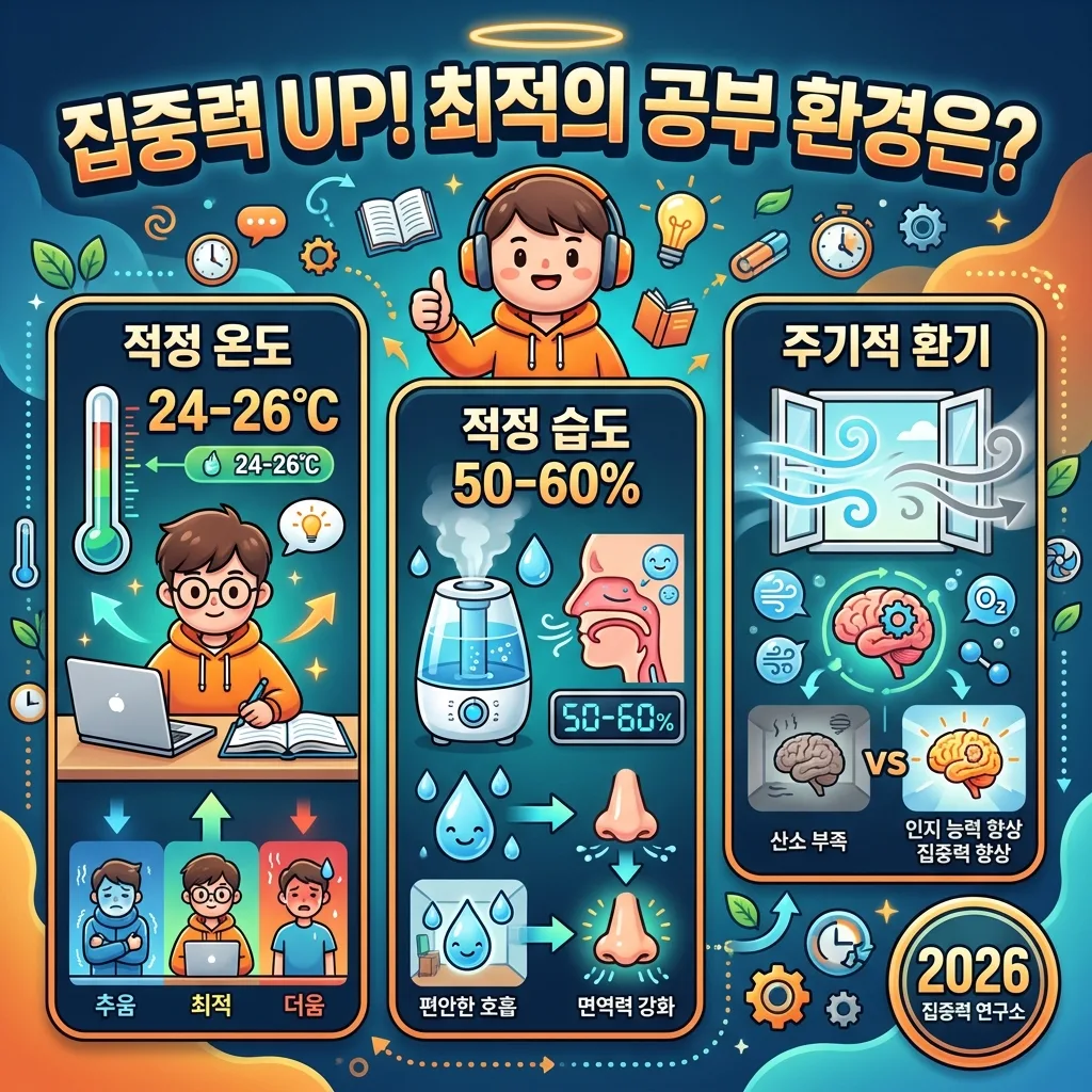2026년 수험생의 집중력 향상을 위한 최적의 실내 환경 조건을 제시하는 인포그래픽으로, 적정 온도, 습도, 주기적 환기의 중요성을 시각화.