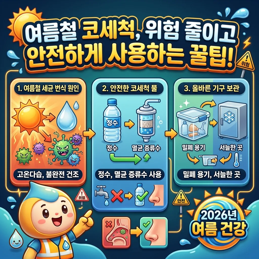 여름철 코세척 기구 사용 시 세균 번식 위험을 줄이고 안전하게 관리하는 꿀팁을 안내하는 인포그래픽. 고온다습과 불완전 건조 등 세균 번식 원인을 설명하고, 정수 또는 멸균 증류수 사용 및 밀폐 용기에 서늘하게 보관하는 올바른 방법을 제시합니다.