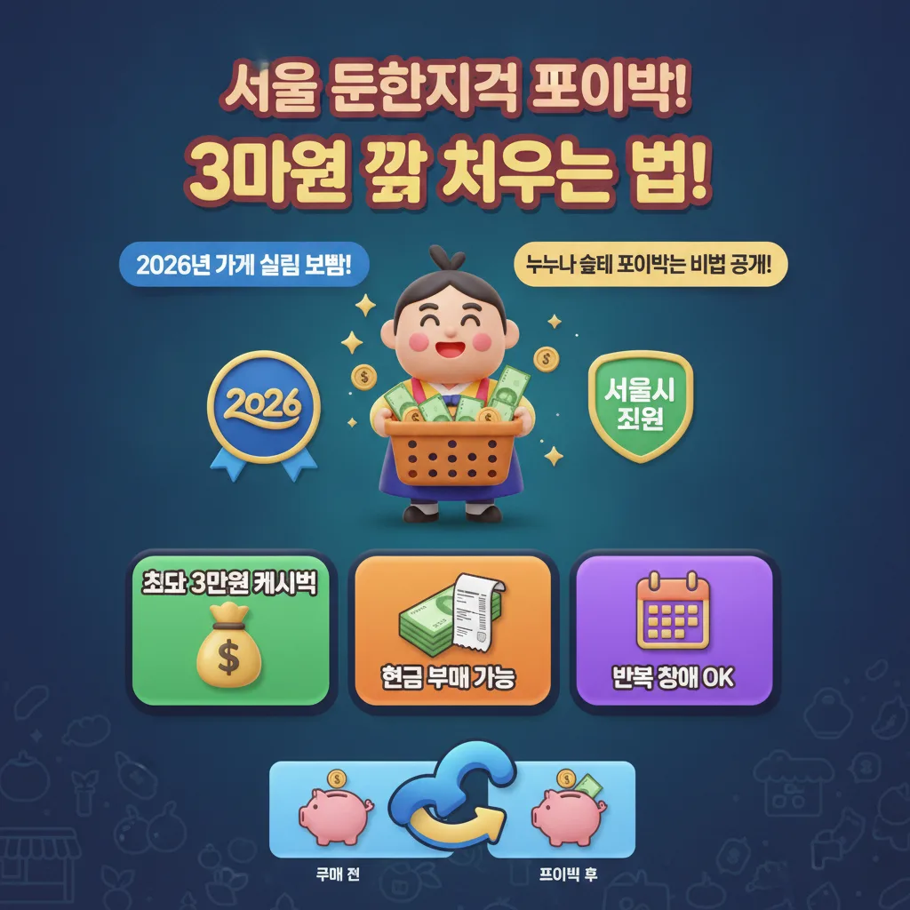2026년 서울 전통시장 가계보탬 페이백 행사의 핵심 정보를 담은 인포그래픽 포스터. '3만원 꽉 채우는 법!'이라는 후킹 헤더와 함께 현금 구매 가능, 반복 참여 혜택, 최대 3만원 캐시백 등 주요 내용을 친근한 캐릭터와 아이콘으로 시각화하여 한눈에 볼 수 있도록 구성했습니다.