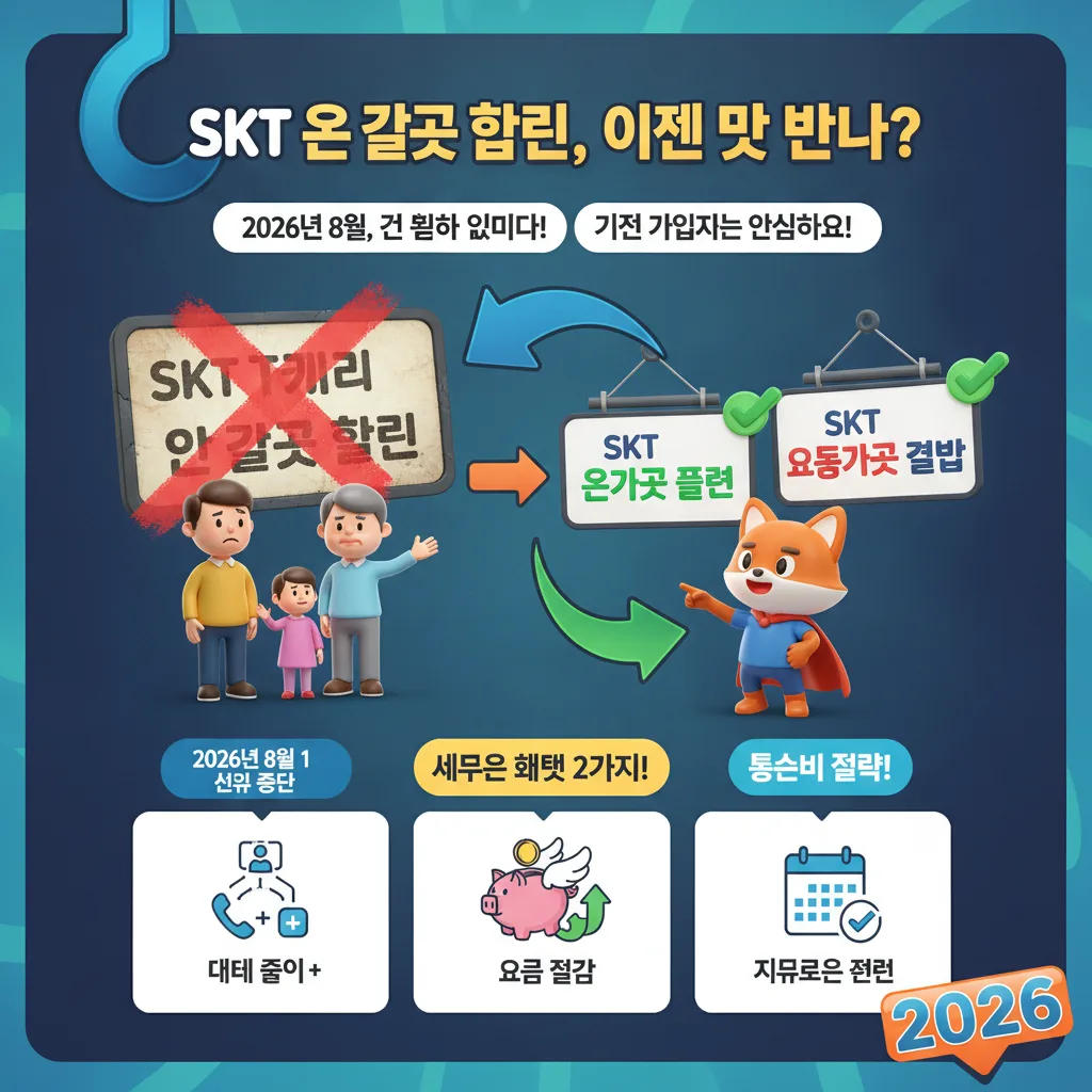 2026년 8월부터 SKT T끼리 온 가족 할인 신규 가입이 중단된다는 소식에 놀란 가족과 새로운 할인 플랜을 안내하는 캐릭터가 담긴 정보성 포스터 이미지입니다. 주요 변경 사항과 새로운 혜택을 시각적으로 설명하며, 기존 가입자는 안심하라는 메시지를 전달하고 있습니다.