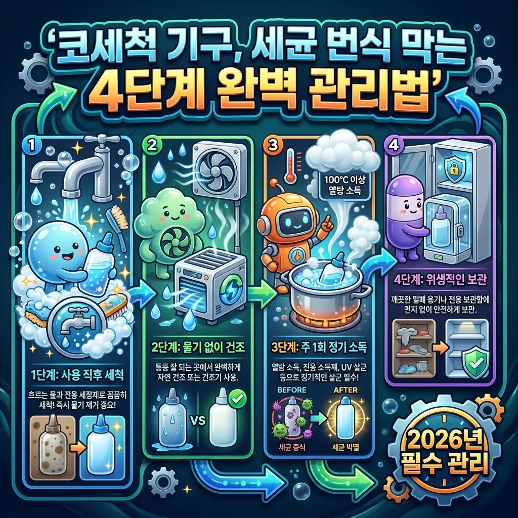 코세척 기구의 세균 번식을 효과적으로 막기 위한 네 가지 핵심 관리 단계를 순서대로 보여주는 인포그래픽. 사용 직후 세척, 물기 없는 완벽 건조, 주 1회 정기 소독, 위생적인 보관 방법을 친근한 캐릭터와 함께 시각적으로 설명하여 이해를 돕습니다.