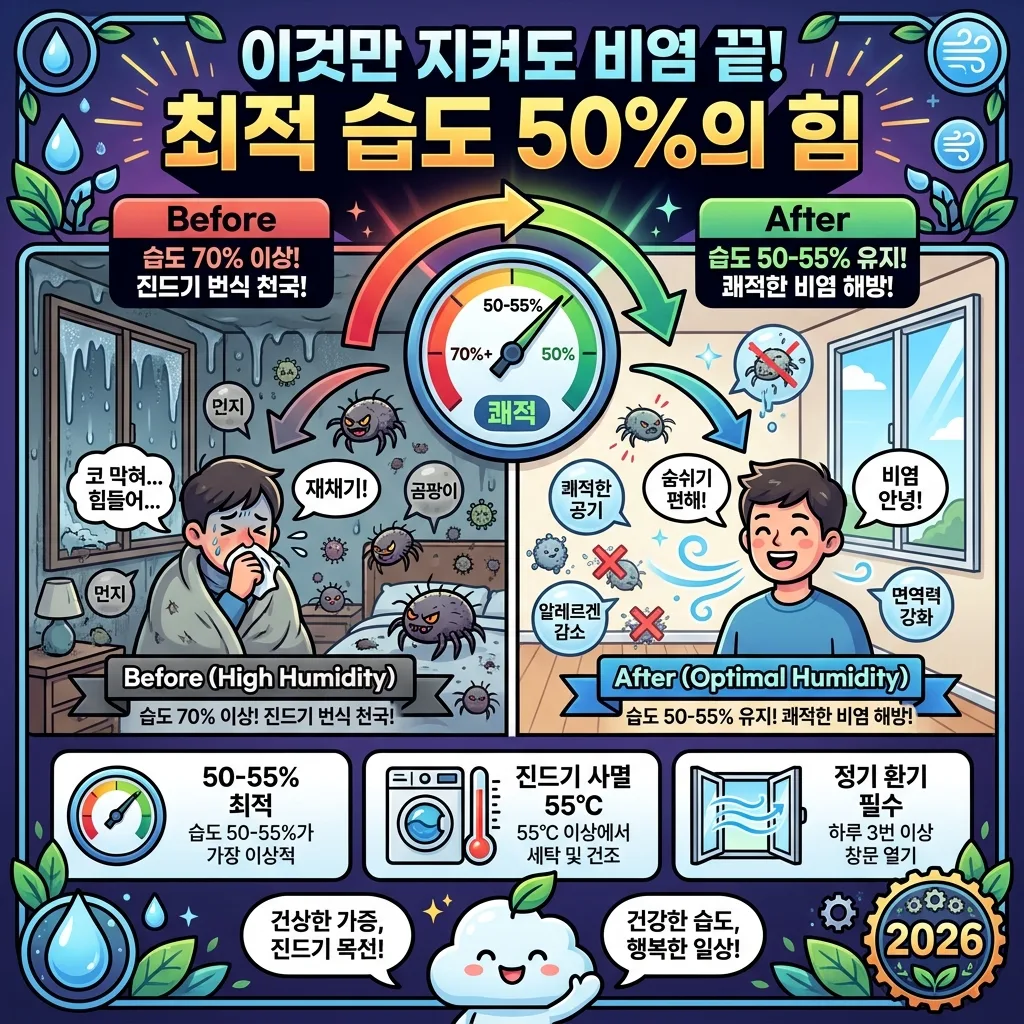 장마철 비염 환자를 위한 최적 실내 습도 50%의 중요성을 강조하는 인포그래픽. 고습도 환경에서 집먼지진드기가 번식하는 모습과 50-55%의 적정 습도 유지로 쾌적한 환경을 만드는 변화를 시각적으로 비교합니다.