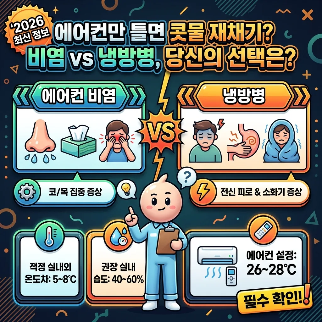 2026년 최신 정보가 담긴 에어컨 비염과 냉방병의 증상 차이를 비교하는 인포그래픽 포스터. 콧물, 재채기, 피로, 소화불량 등 주요 증상을 아이콘으로 보여주며, 적정 온도와 습도 숫자를 강조하여 여름철 건강 관리에 대한 핵심 정보를 한눈에 볼 수 있도록 시각화했다.