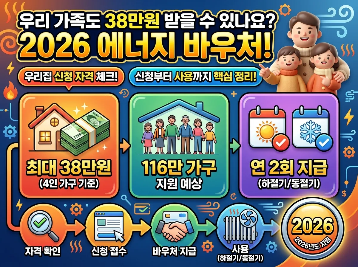 2026년 에너지 바우처의 최대 38만원 지원금과 116만 가구 예상 지원, 연 2회 지급 핵심 정보를 담은 후킹 인포그래픽 포스터.