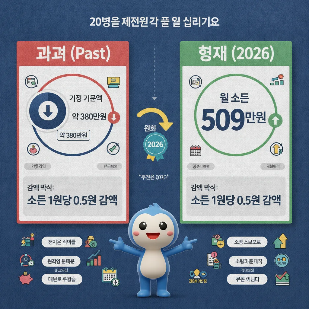 2026년 변경된 국민연금 재직자 노령연금 감액 기준을 과거와 현재(2026)를 비교하는 풍부한 인포그래픽 포스터. 509만원이라는 새로운 월 소득 기준액과 완화된 기준을 시각적으로 명확히 보여준다.