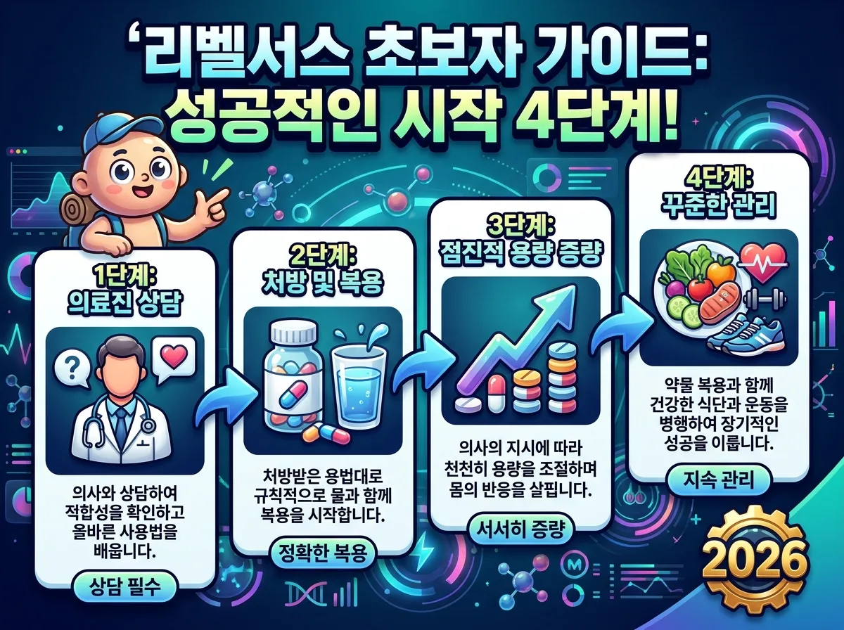 리벨서스의 GLP-1 작용 방식, 식욕 억제, 체중 감량 효과, 경구용 편리함, 그리고 2026년 가격 범위를 설명하는 상세한 인포그래픽입니다.
