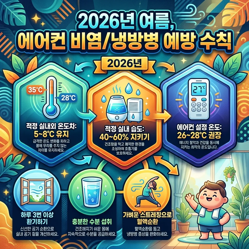 2026년 여름철 에어컨 비염과 냉방병을 예방하기 위한 핵심 수칙을 담은 인포그래픽 포스터. 실내외 온도차, 실내 습도, 에어컨 설정 온도 등 주요 숫자들을 강조하고, 환기, 수분 섭취 등 생활 속 예방 팁을 아이콘과 함께 시각적으로 제시하여 건강한 여름 나기를 돕는다.