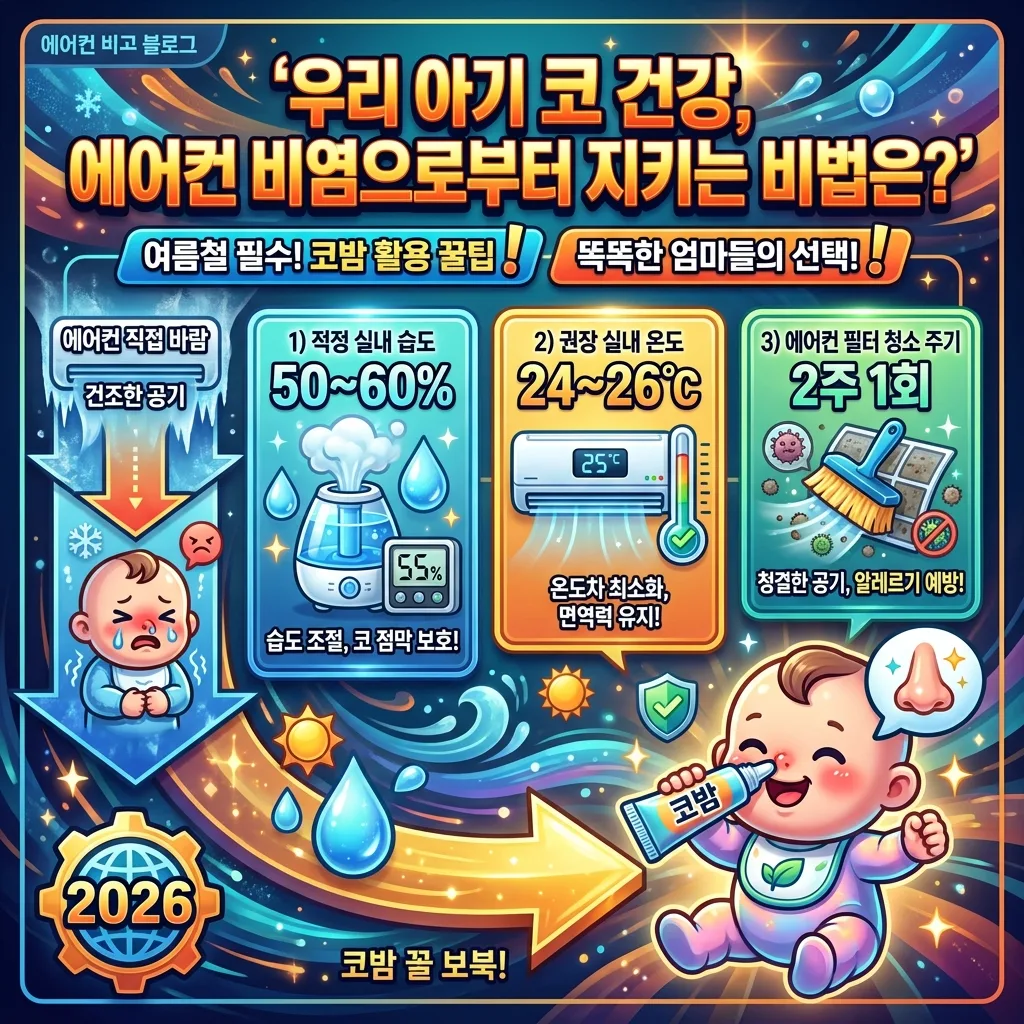 2026년 여름, 아기 에어컨 비염을 코밤으로 똑똑하게 예방하는 방법을 소개하는 인포그래픽 포스터. 적정 실내 습도와 온도 유지, 코밤 활용 팁이 가득합니다.