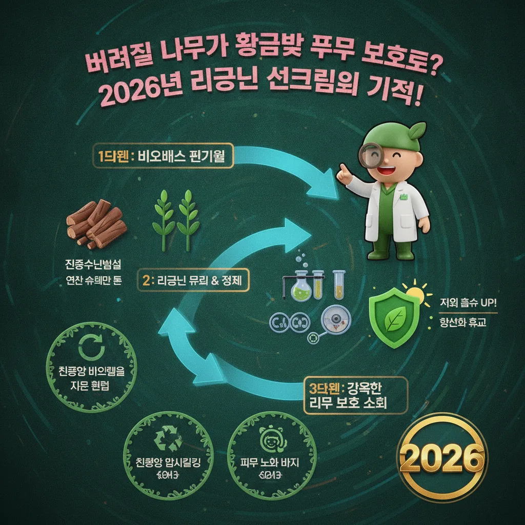 버려지는 바이오매스 폐기물이 친환경적인 리그닌 선크림 원료로 변환되는 3단계 과정을 보여주는 인포그래픽입니다.