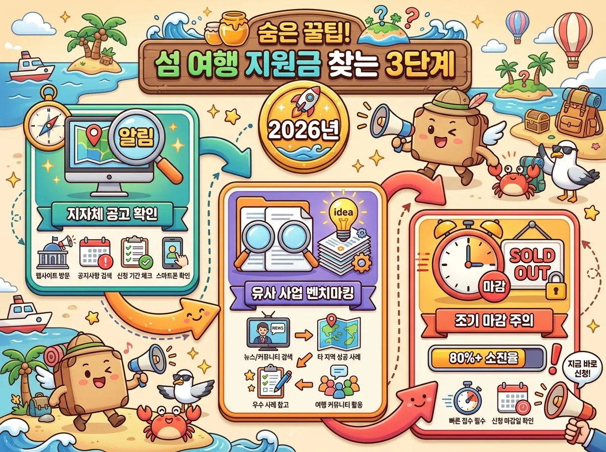 여행 지원금을 받을 수 있는 섬의 특징과 신청 준비 방법을 알려주는 인포그래픽 포스터. '내가 갈 섬은 지원 대상일까? 체크리스트!'라는 한글 제목 아래, 지역 경제 활성화, 관광객 유치, 특색 있는 문화/자연을 가진 섬의 특징이 제시된다. 정보 수집, 알림 신청, 빠른 신청 필수 등 미리 준비해야 할 사항들이 아이콘과 함께 명확하게 설명되어 있다. 친근한 캐릭터와 '2026년' 배지가 있는 정보성 이미지.