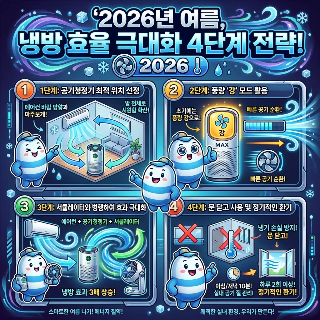 2026년 여름철 에어컨과 공기청정기의 냉방 효율을 최대로 높이는 4가지 핵심 전략을 단계별로 보여주는 인포그래픽. 올바른 기기 배치, 풍량 조절, 서큘레이터 활용, 환기 방법을 안내합니다.