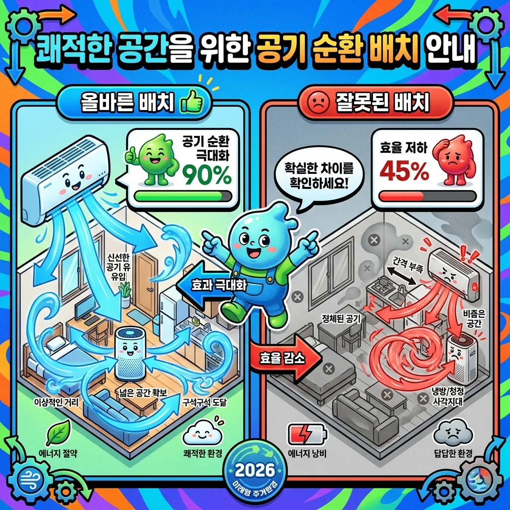 원룸에서 에어컨과 공기청정기의 올바른 배치와 잘못된 배치를 비교하여 공기 순환 효율의 차이를 명확히 보여주는 인포그래픽 이미지.