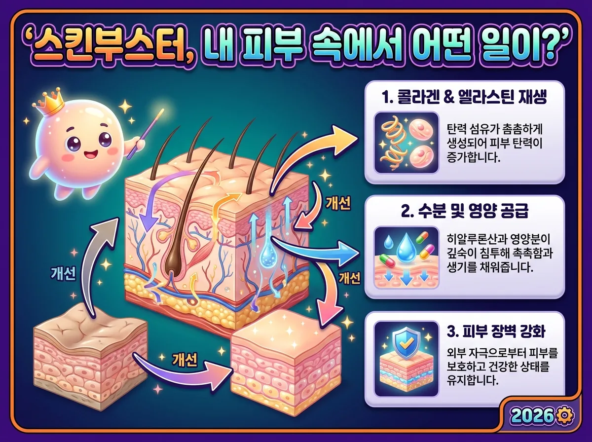 나에게 맞는 스킨부스터를 선택하도록 돕는 정보 가득한 인포그래픽 포스터. 리쥬란, 쥬베룩, 엑소좀, 히알루론산 복합 등 주요 스킨부스터 종류별 특징과 주된 효과(피부 재생, 볼륨, 진정, 수분)를 아이콘과 함께 비교하며, 친근한 캐릭터가 선택을 돕는 모습과 '2026' 배지가 돋보이는 이미지.