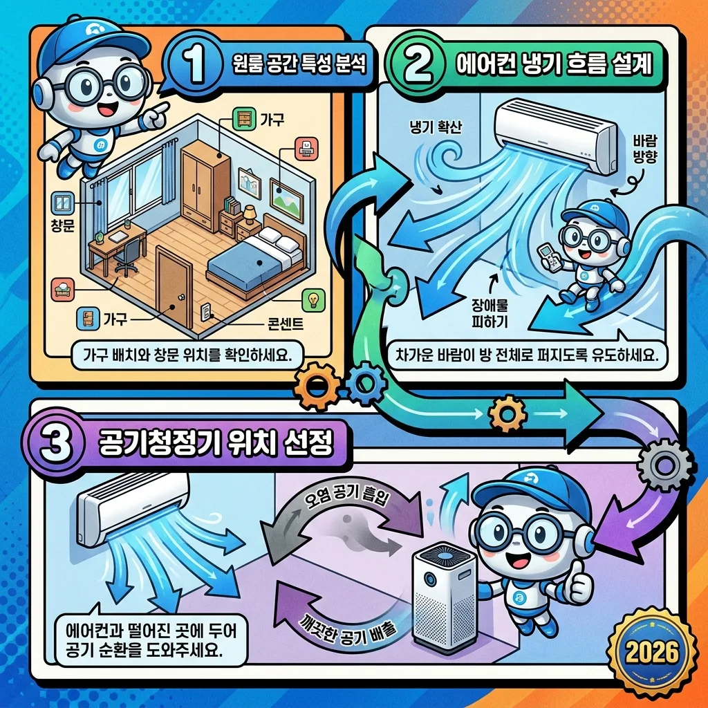 쾌적한 원룸 환경을 위한 에어컨과 공기청정기 배치 3단계 가이드를 시각적으로 설명하는 인포그래픽. 공간 분석부터 냉기 흐름, 공기청정기 위치 선정을 보여줍니다.