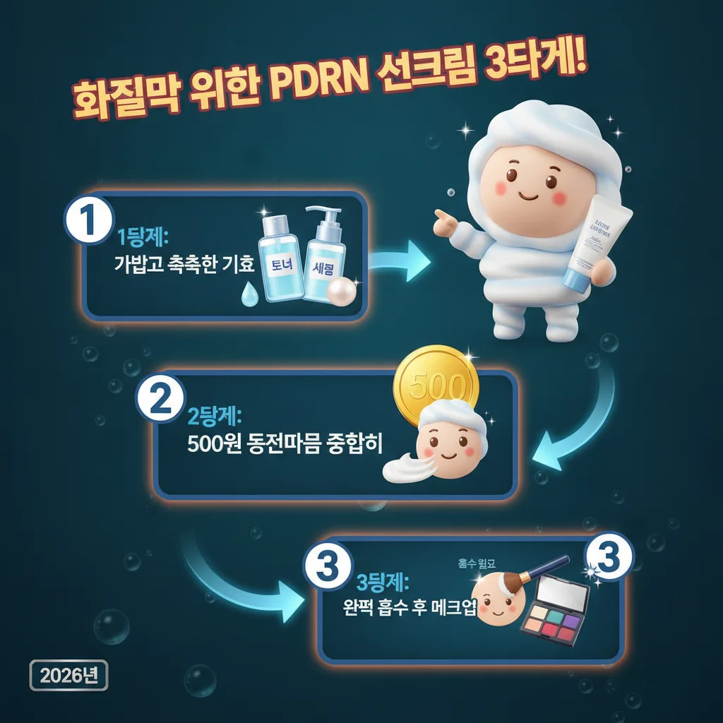 PDRN 수분 선크림을 '화잘먹' 피부를 위해 바르는 3단계 방법을 설명하는 인포그래픽. '화잘먹 위한 PDRN 선크림 3단계!' 헤더 아래 기초 케어, 충분한 양 바르기, 완벽 흡수 후 메이크업 시작하는 각 단계를 아이콘과 함께 보여준다.
