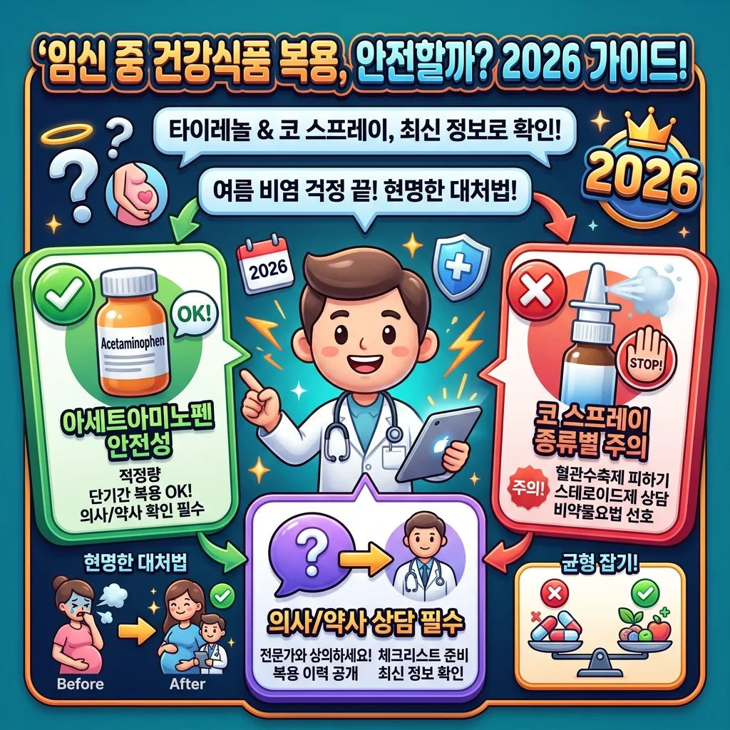 임신 중 안전한 약물 선택을 위한 3단계 체크리스트를 시각화한 인포그래픽. 아세트아미노펜의 안전성과 이부프로펜, 혈관수축제 등 주의 성분을 비교하고 의료진 상담의 중요성을 강조하는 이미지.