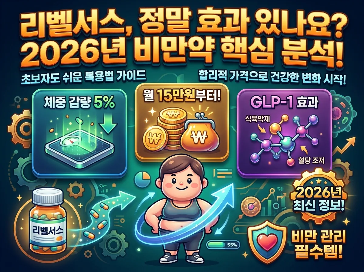 2026년 리벨서스 비만약의 효과와 가격을 분석하며, 체중 감량과 GLP-1의 이점을 강조하는 풍부한 인포그래픽 포스터입니다.