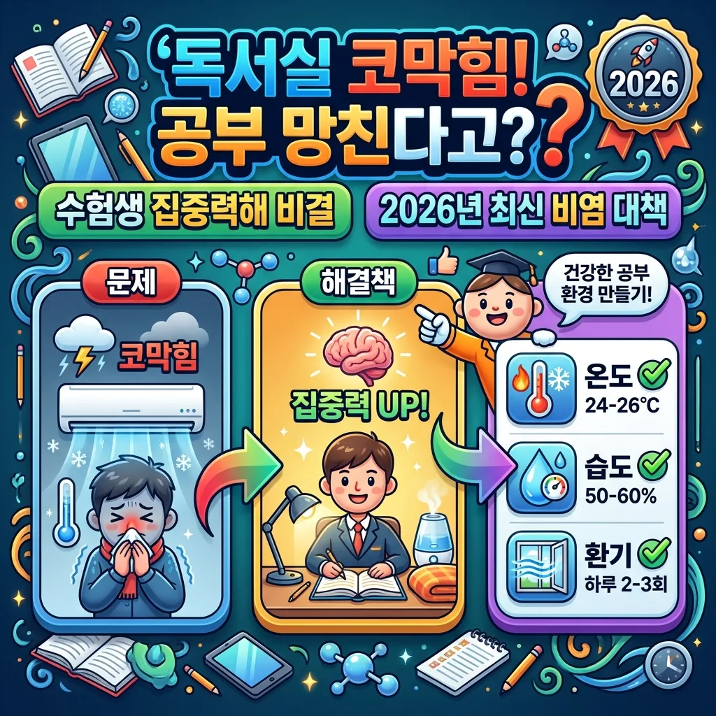 2026년 독서실 에어컨 비염으로 코막힘과 집중력 저하를 겪는 수험생을 위한 효과적인 관리법과 해결책을 담은 인포그래픽 포스터.