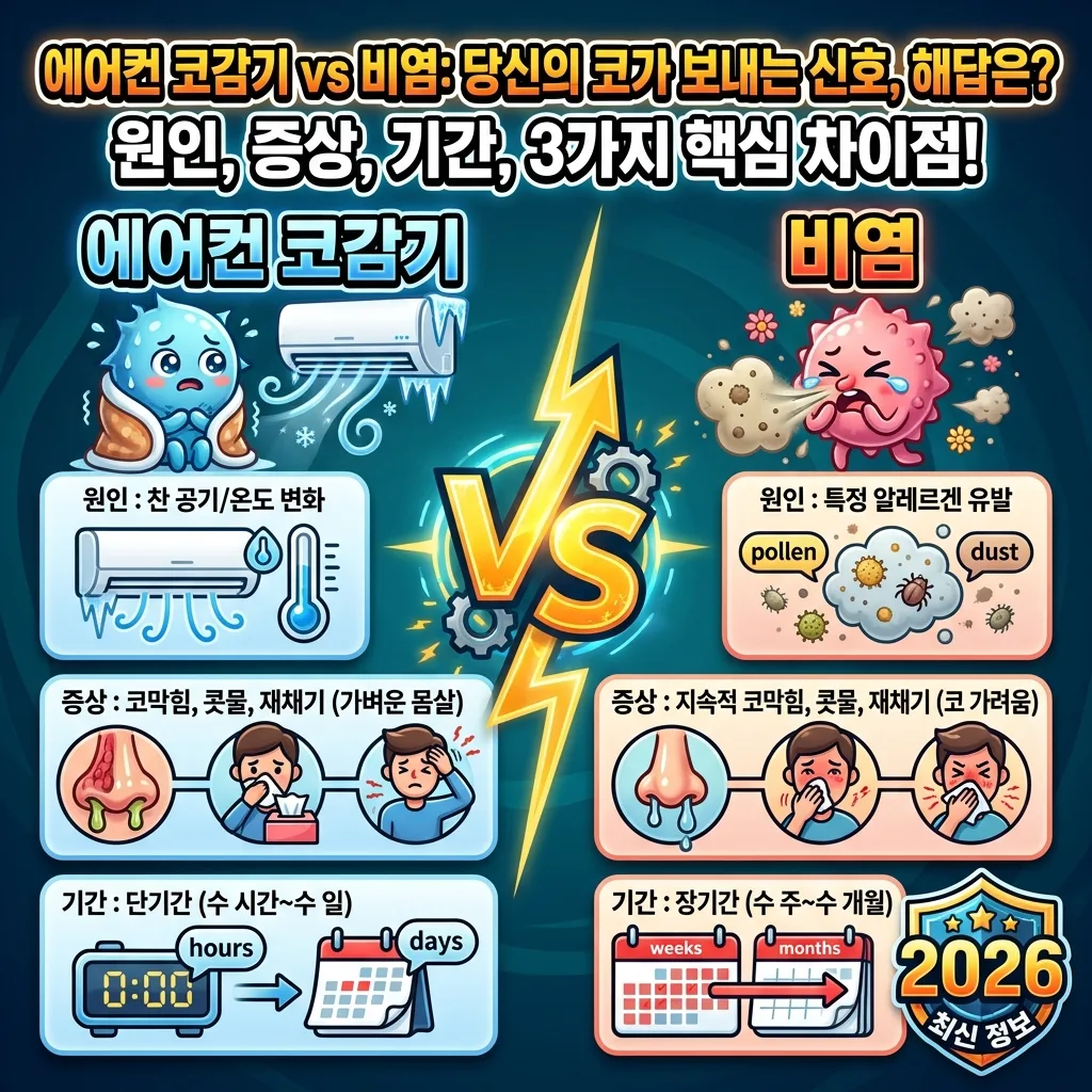에어컨 코감기와 비염의 원인, 증상, 지속 기간 등 세 가지 핵심 차이점을 명확하게 비교하는 꽉 찬 인포그래픽 포스터. 두 증상의 특징을 아이콘과 함께 쉽게 설명합니다.