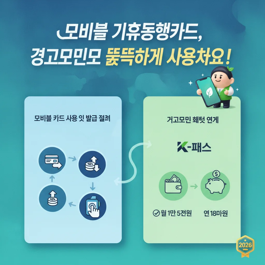 2026년 모바일 기후동행카드 사용법과 경기도민 페이백 혜택을 시각화한 인포그래픽. 월 1만 5천원, 연 18만원 교통비 절약 방법을 친근한 캐릭터와 아이콘으로 설명.