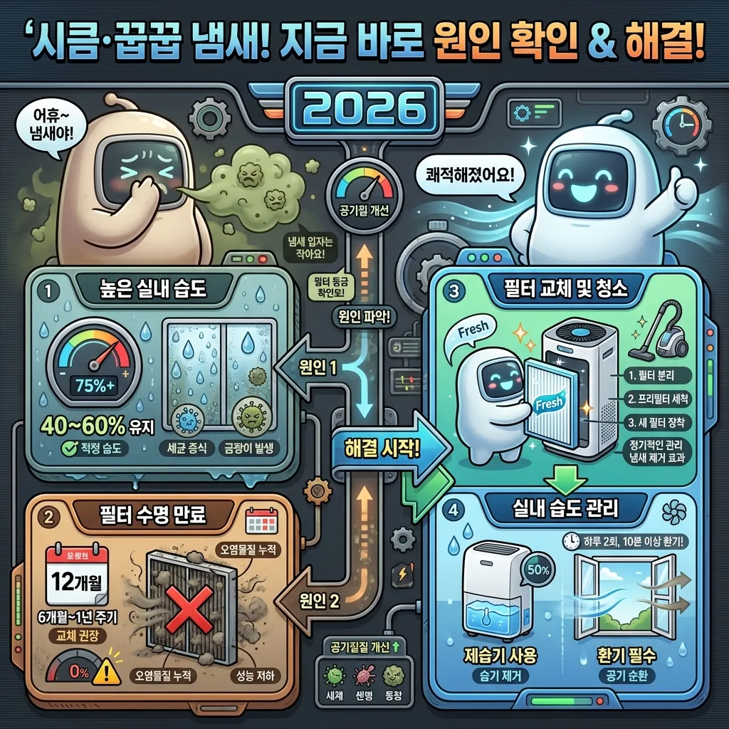 여름철 공기청정기 필터의 시큼하고 꿉꿉한 냄새 원인과 즉각적인 해결책을 명확히 보여주는 인포그래픽. 높은 습도와 필터 수명 만료를 원인으로 지목하고, 필터 교체 및 청소, 실내 습도 관리의 중요성을 아이콘과 수치로 강조한다. 2026년 관리법을 담고 있다.