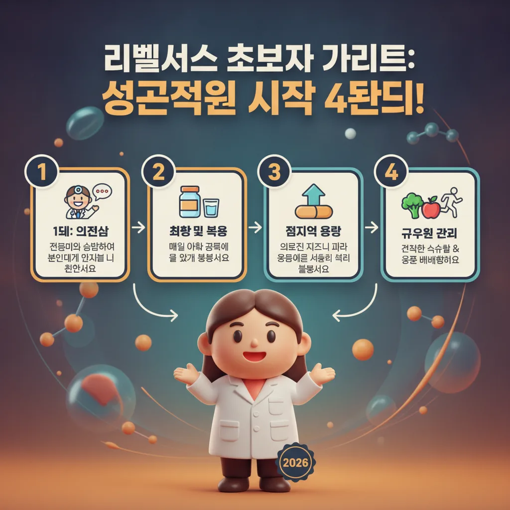 리벨서스 비만약 복용을 위한 의료진 상담부터 꾸준한 관리까지, 초보자를 위한 4단계 과정을 안내하는 인포그래픽 포스터입니다.