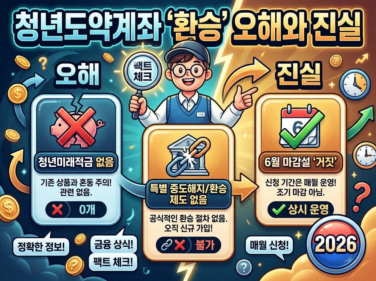 청년도약계좌 환승에 대한 오해와 진실을 명확히 설명하는 인포그래픽. '청년미래적금'이 없다는 사실과 특별 환승 제도가 부재함을 시각적으로 보여줍니다.
