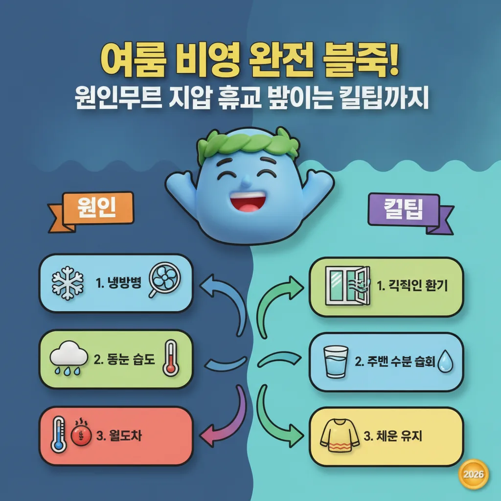 여름철 비염의 주요 원인(냉방병, 높은 습도 등)과 지압 효과를 높이기 위한 생활 속 관리 팁(환기, 수분 섭취 등)을 시각적으로 정리한 인포그래픽.