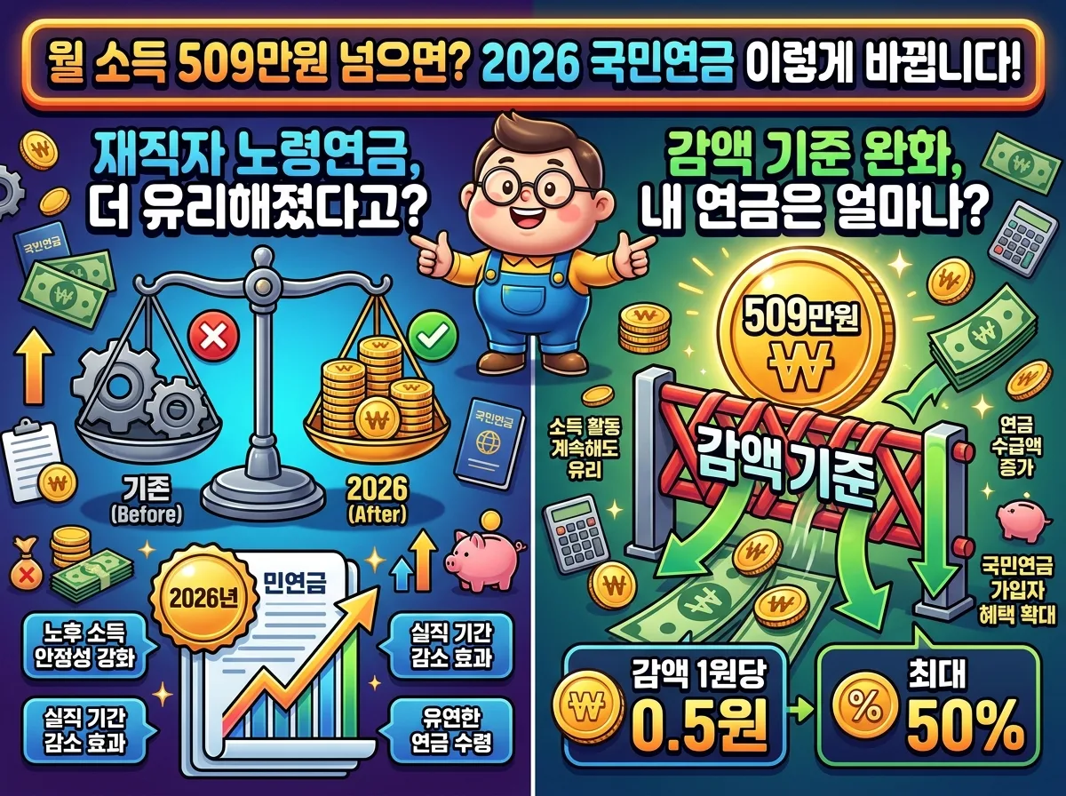2026년 월 소득 509만원 초과 시 국민연금 재직자 노령연금 감액 기준이 어떻게 완화되는지 명확히 보여주는 화려한 인포그래픽 포스터. 509만원, 2026년, 감액률 0.5원 등의 핵심 정보와 친근한 마스코트가 함께 배치되어 있다.