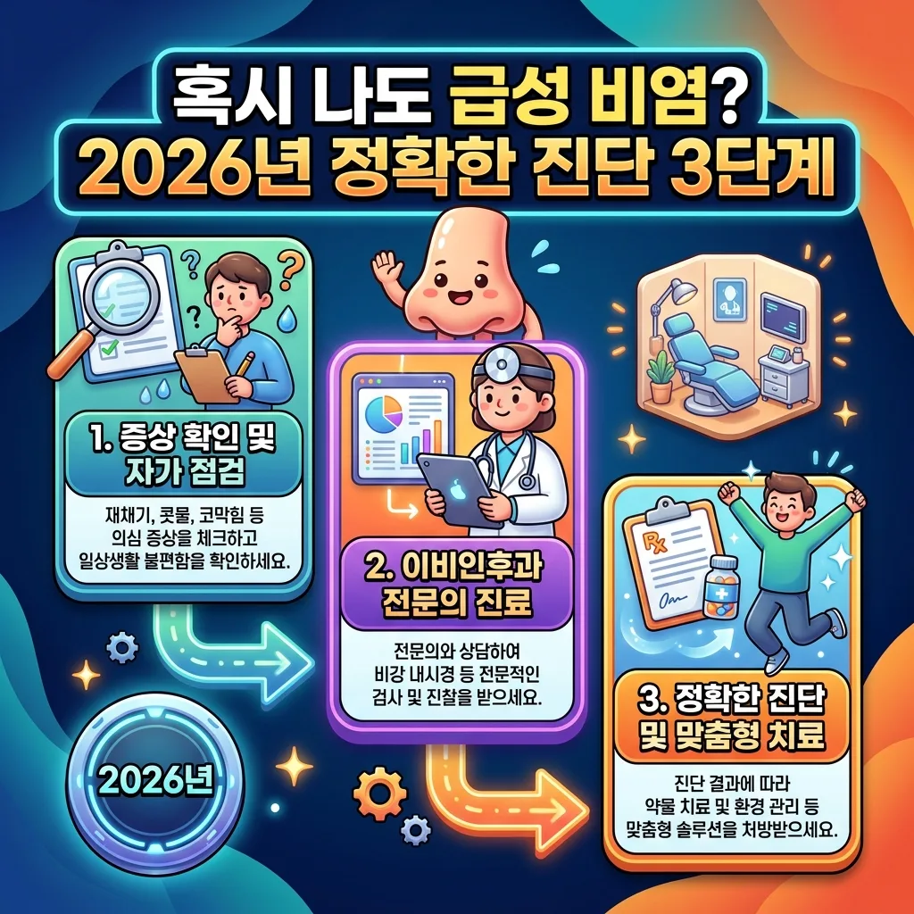 급성 비염 자가 진단부터 전문의 진료까지 2026년 최신 기준으로 3단계 진단 절차를 설명하는 상세한 인포그래픽입니다. 각 단계별 아이콘과 설명이 포함됩니다.