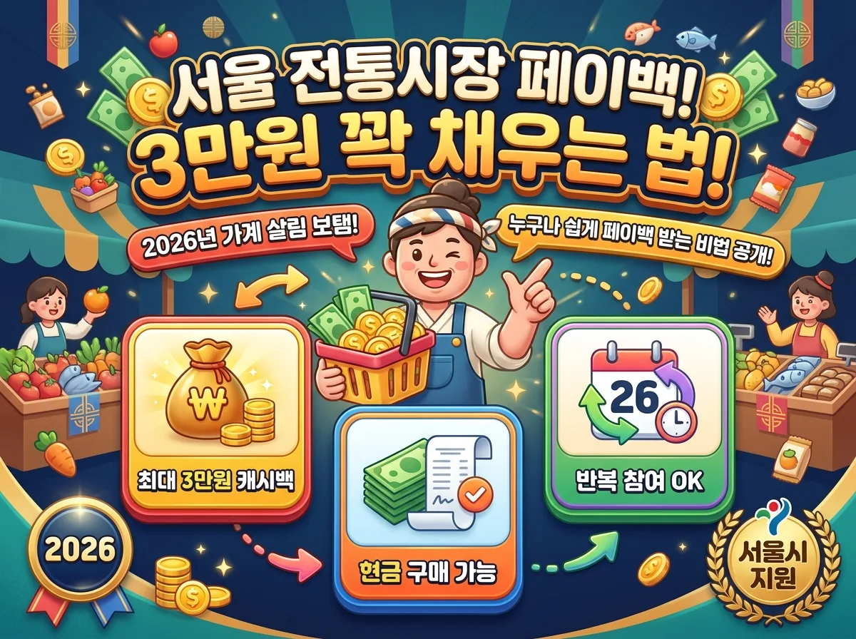 2026년 서울 전통시장 페이백 행사의 결제 수단별 참여 조건과 반복 참여 가능 여부를 시각화한 인포그래픽. 현금 구매 시 현금영수증 등록, 카드 결제 시 자동 적립 방식과 월별/총 누적 한도 내 반복 참여가 가능하다는 핵심 정보를 담고 있습니다.