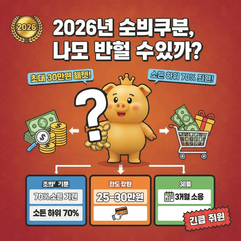 2026년 민생회복 소비쿠폰의 소득 하위 70% 자격 조건, 최대 30만원 혜택, 3개월 사용 기간을 한눈에 보여주는 화려한 인포그래픽 포스터로, 받을 수 있을지 궁금해하는 친근한 캐릭터가 질문하는 모습.