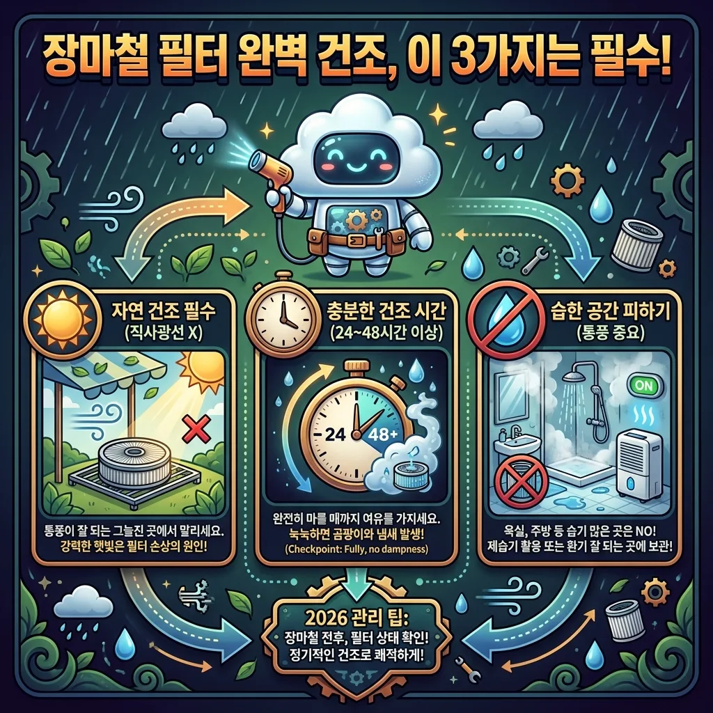2026년 장마철 공기청정기 필터를 완벽하게 건조하는 3가지 필수 방법을 담은 인포그래픽 포스터. '장마철 필터 완벽 건조, 이 3가지는 필수!'라는 한글 헤더와 함께 자연 건조, 충분한 건조 시간(24~48시간 이상), 습한 공간 피하기 등 핵심 건조법이 친근한 캐릭터와 아이콘으로 시각화되어 있다.